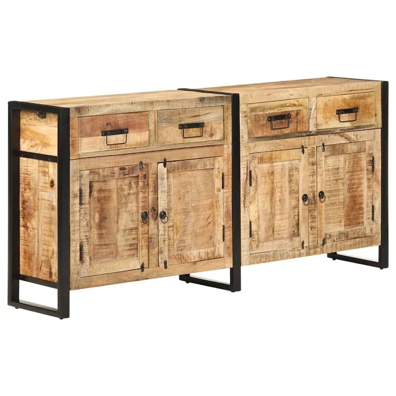 Buffet industriel en bois de manguier massif brun avec tiroirs et portes de placard