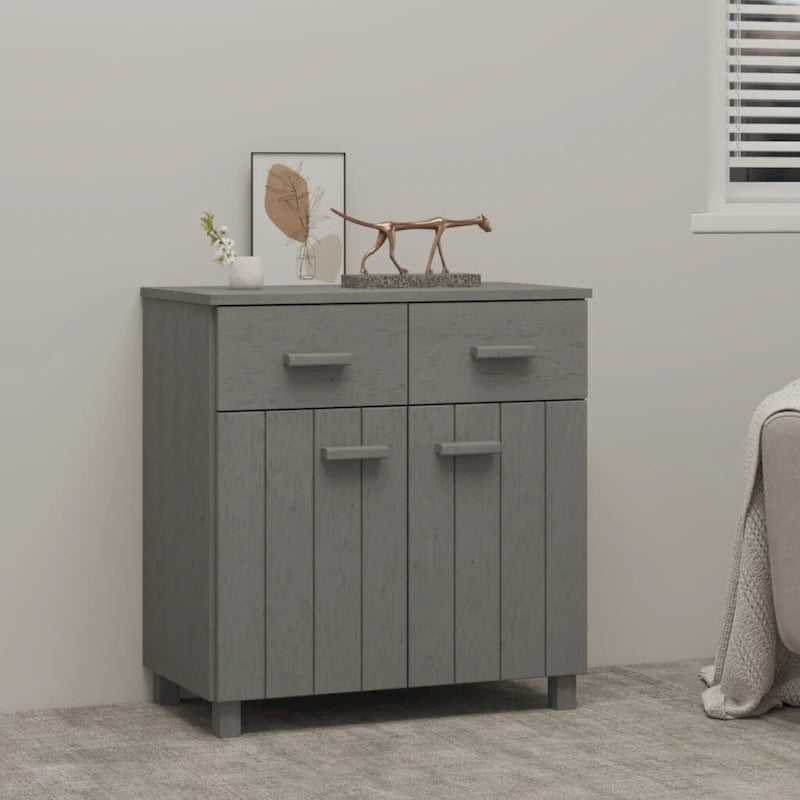Buffet en pin massif avec tiroirs et portes, gris clair / blanc