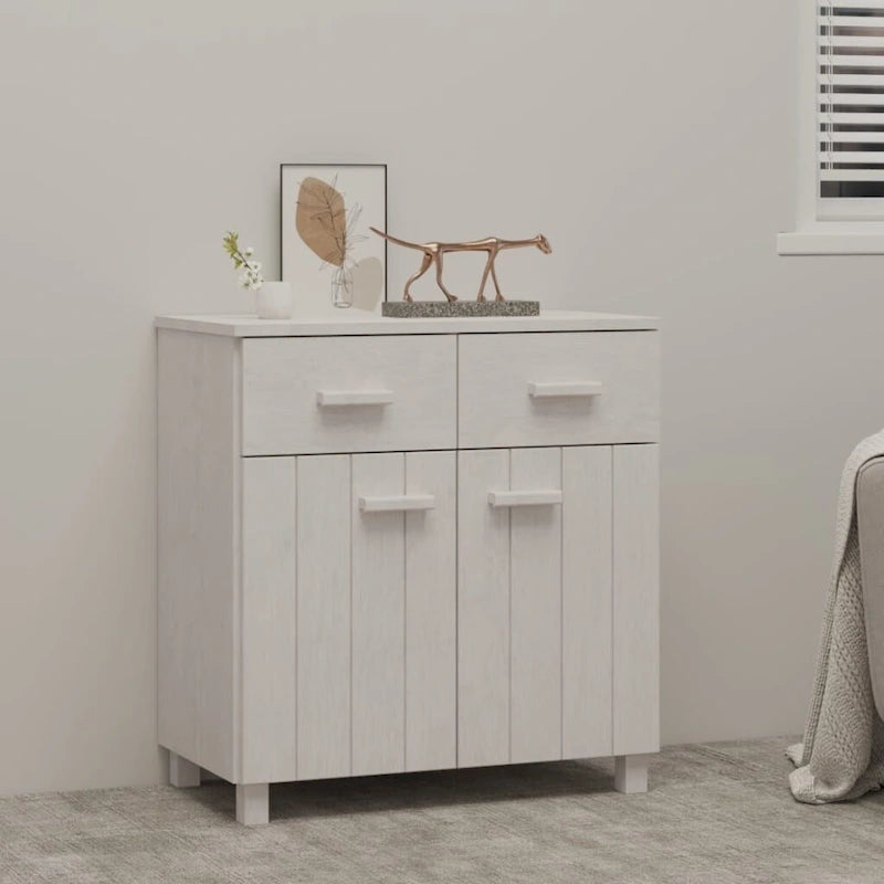 Buffet en pin massif avec tiroirs et portes, gris clair / blanc
