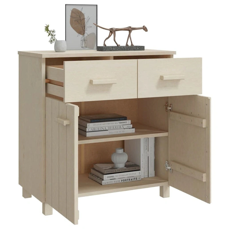 Buffet en pin massif avec tiroirs et portes, gris clair / blanc
