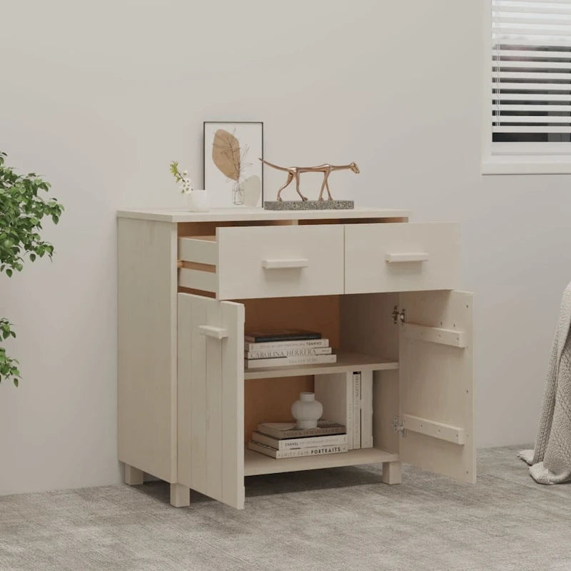 Buffet en pin massif avec tiroirs et portes, gris clair / blanc