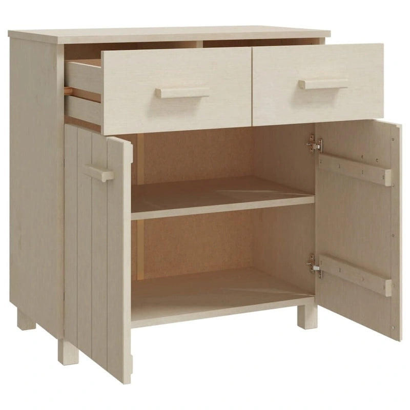Buffet en pin massif avec tiroirs et portes, gris clair / blanc