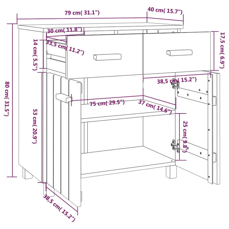 Buffet en pin massif avec tiroirs et portes, gris clair / blanc