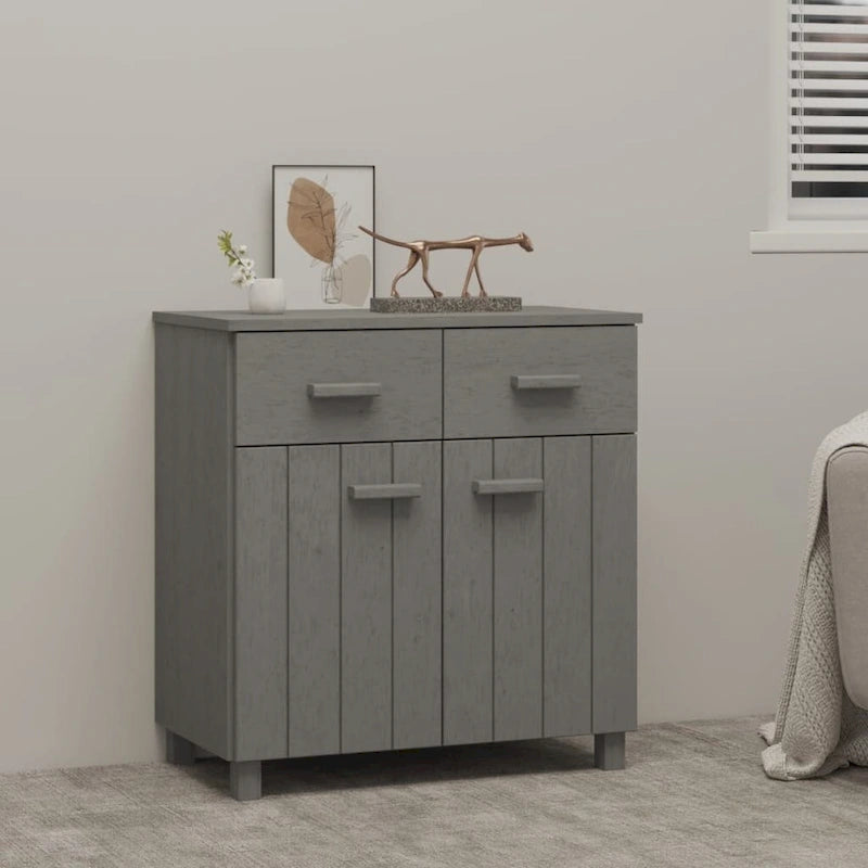 Buffet en pin massif avec tiroirs et portes, gris clair / blanc