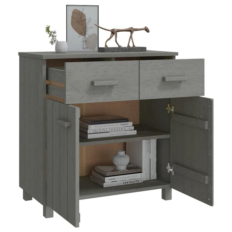 Buffet en pin massif avec tiroirs et portes, gris clair / blanc