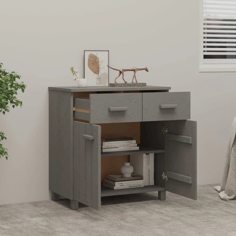 Buffet en pin massif avec tiroirs et portes, gris clair / blanc