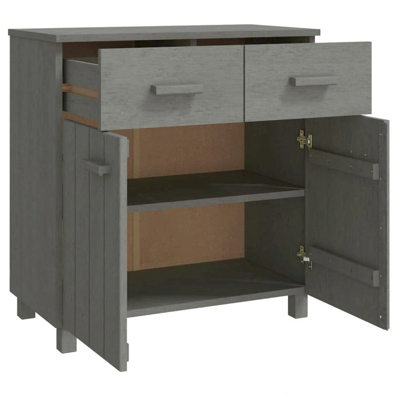 Buffet en pin massif avec tiroirs et portes, gris clair / blanc