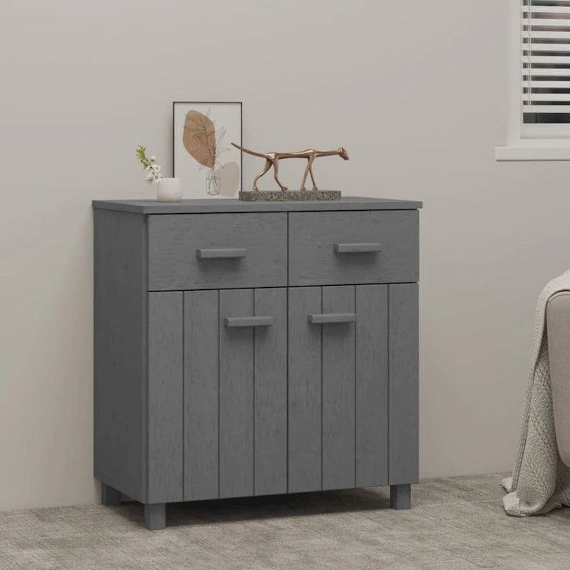 Buffet en pin massif avec tiroirs et portes, gris clair / blanc