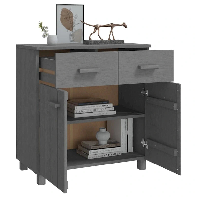 Buffet en pin massif avec tiroirs et portes, gris clair / blanc