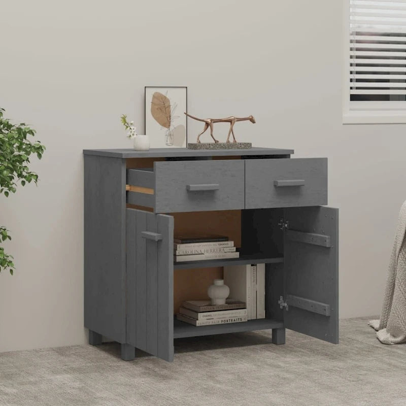 Buffet en pin massif avec tiroirs et portes, gris clair / blanc