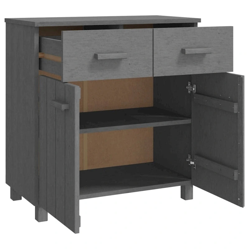 Buffet en pin massif avec tiroirs et portes, gris clair / blanc