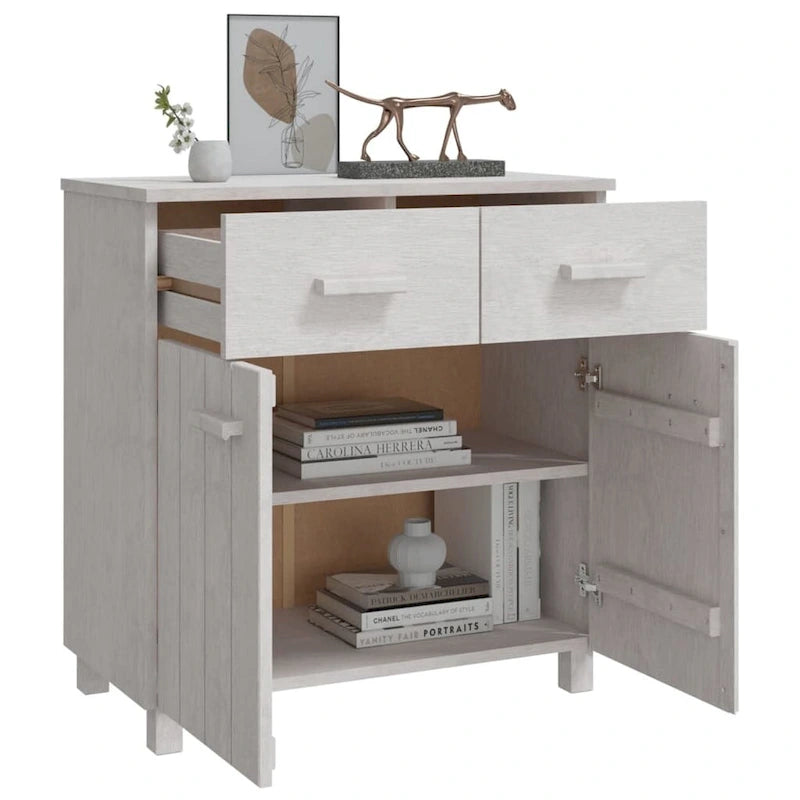 Buffet en pin massif avec tiroirs et portes, gris clair / blanc