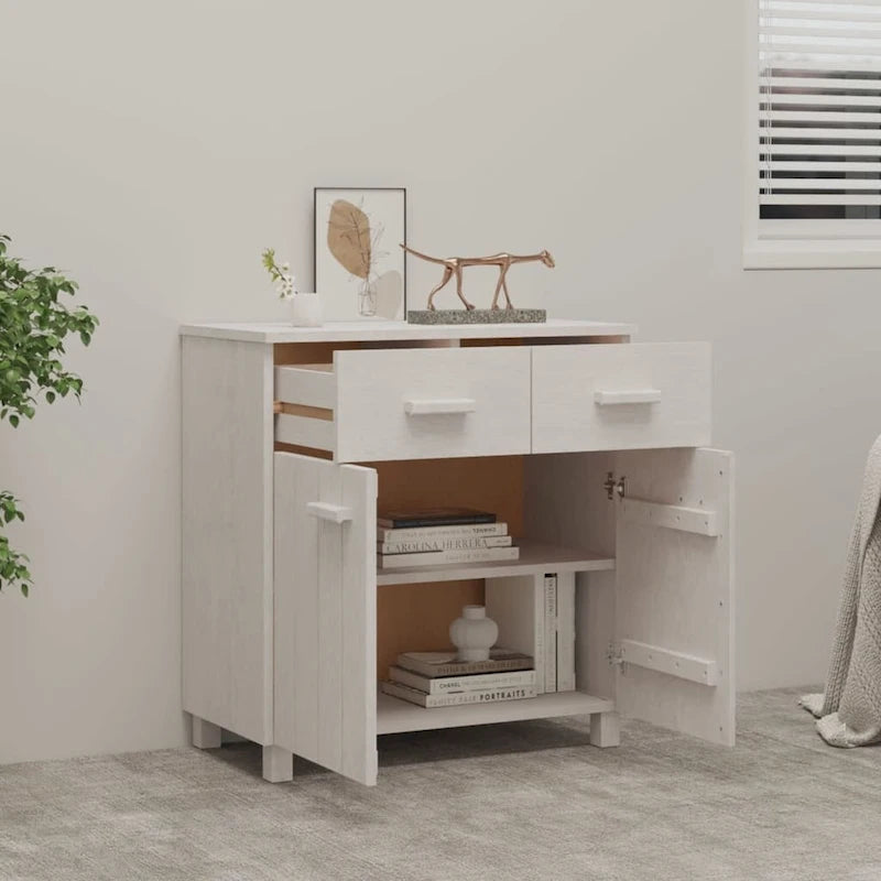 Buffet en pin massif avec tiroirs et portes, gris clair / blanc