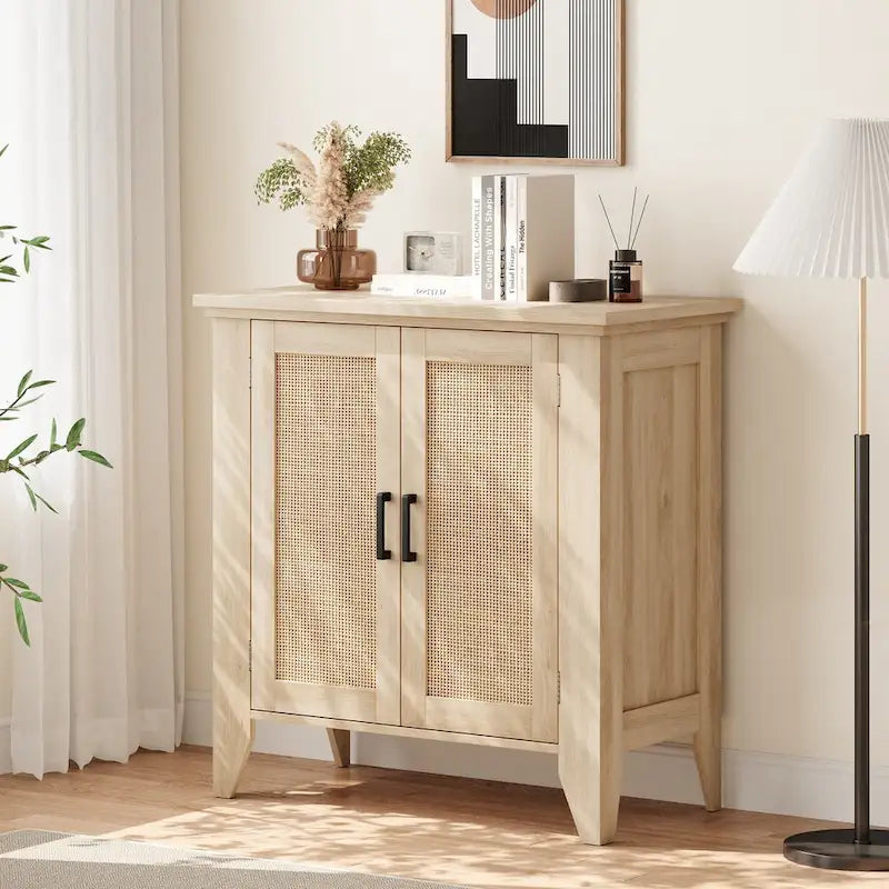 Meuble de rangement en rotin naturel avec portes, étagères et poignées métalliques
