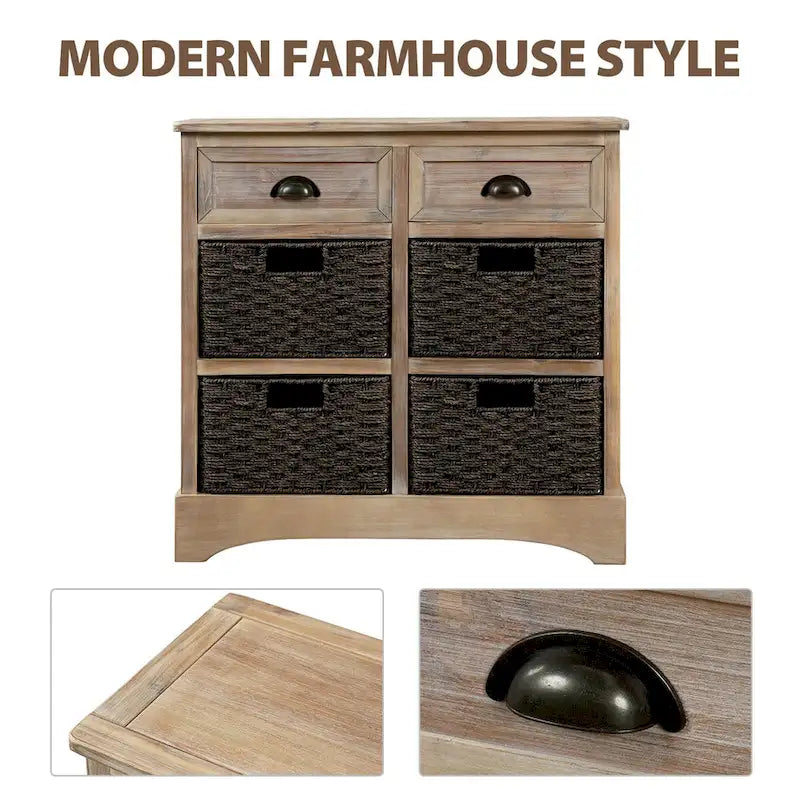 Meuble de Ferme en Bois avec Deux Tiroirs et Quatre Paniers en Rotin
