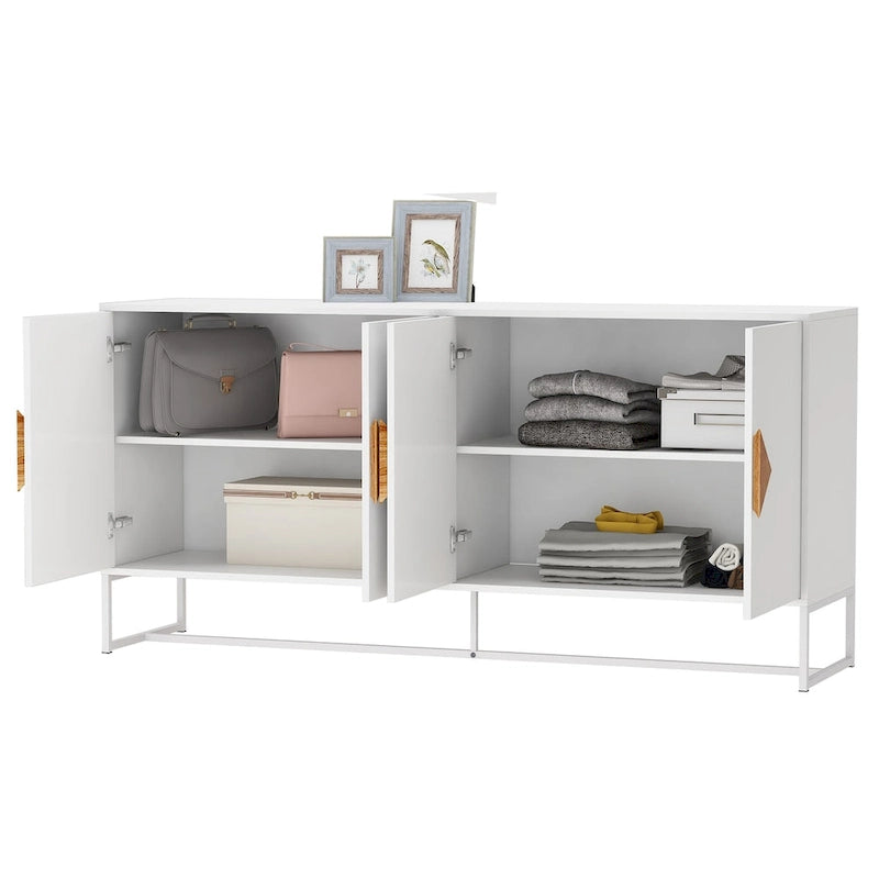 Buffet blanc à 4 portes avec poignées carrées en bois et cadre en fer