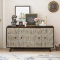 Buffet vaisselier vintage en bois 4 portes avec motifs géométriques en relief, noir naturel
