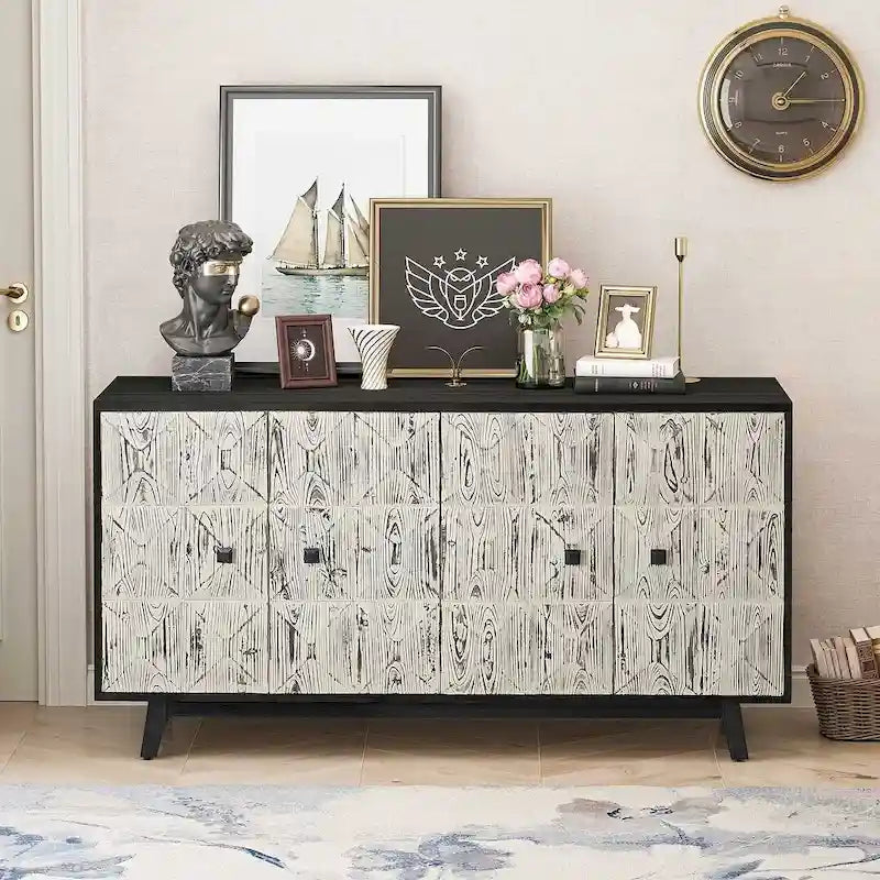 Buffet vaisselier vintage en bois 4 portes avec motifs géométriques en relief, noir naturel