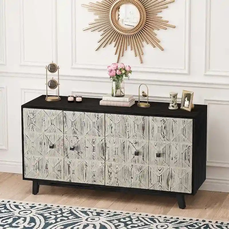 Buffet vaisselier vintage en bois 4 portes avec motifs géométriques en relief, noir naturel