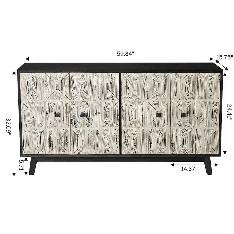 Buffet vaisselier vintage en bois 4 portes avec motifs géométriques en relief, noir naturel