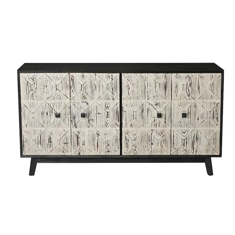 Buffet vaisselier vintage en bois 4 portes avec motifs géométriques en relief, noir naturel
