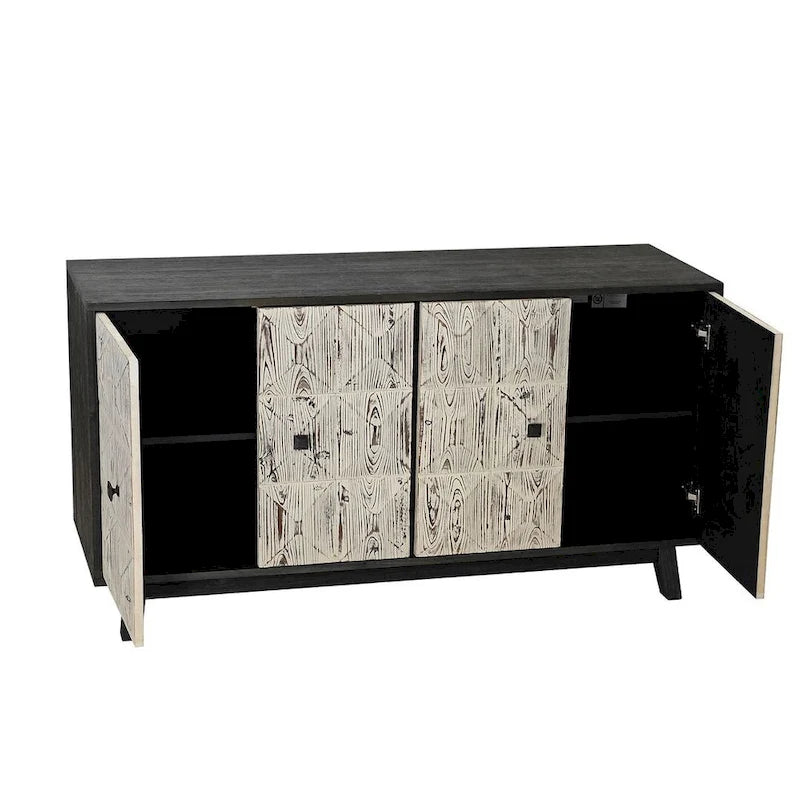 Buffet vaisselier vintage en bois 4 portes avec motifs géométriques en relief, noir naturel