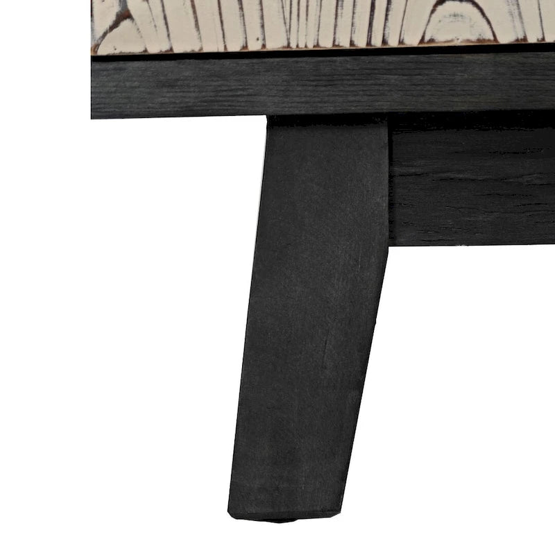 Buffet vaisselier vintage en bois 4 portes avec motifs géométriques en relief, noir naturel