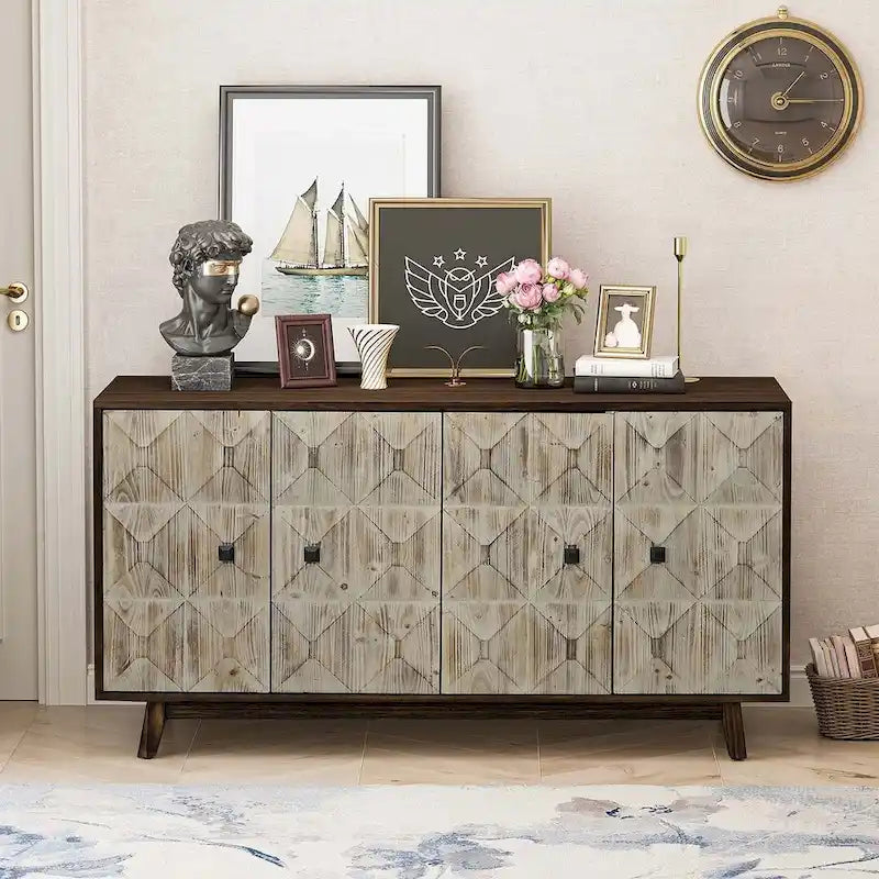 Buffet vaisselier vintage en bois 4 portes avec motifs géométriques en relief, noir naturel