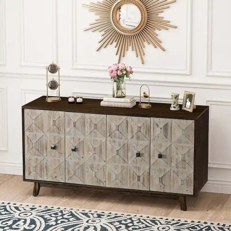 Buffet vaisselier vintage en bois 4 portes avec motifs géométriques en relief, noir naturel