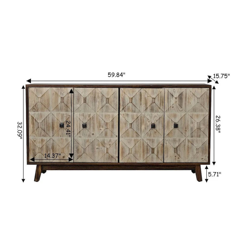 Buffet vaisselier vintage en bois 4 portes avec motifs géométriques en relief, noir naturel
