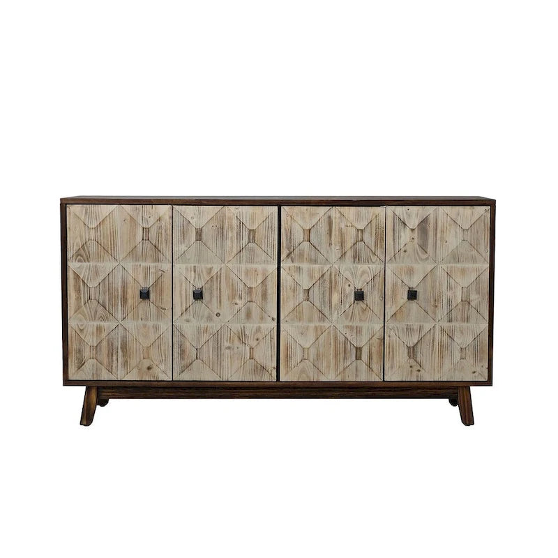 Buffet vaisselier vintage en bois 4 portes avec motifs géométriques en relief, noir naturel