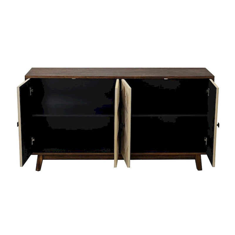 Buffet vaisselier vintage en bois 4 portes avec motifs géométriques en relief, noir naturel