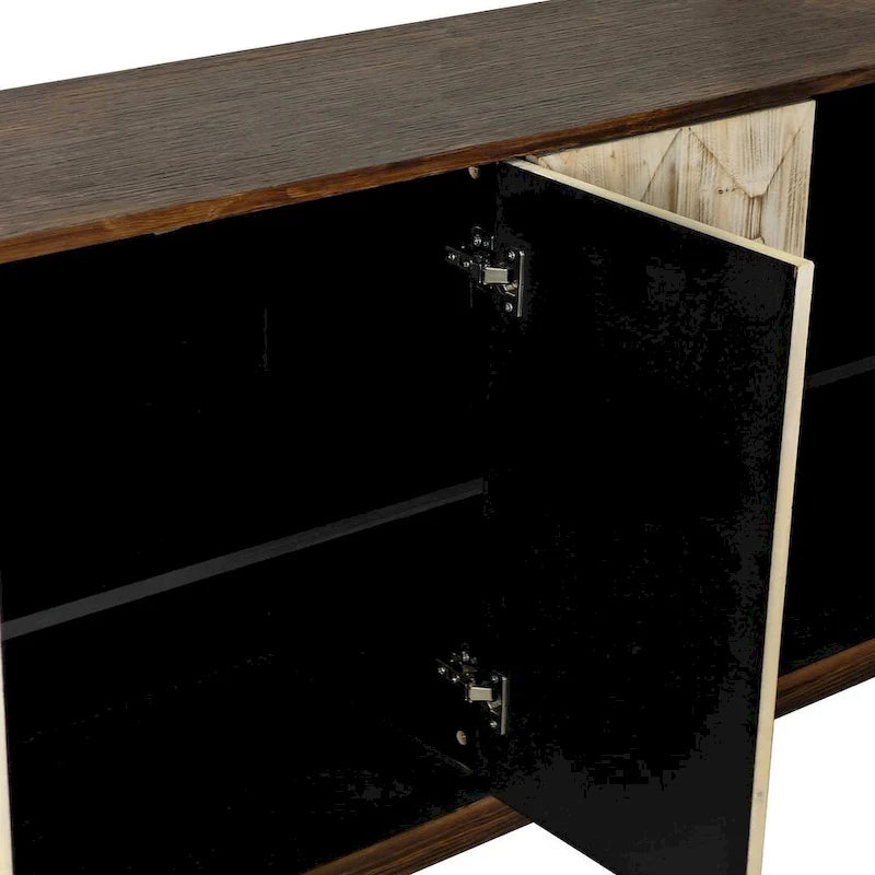 Buffet vaisselier vintage en bois 4 portes avec motifs géométriques en relief, noir naturel