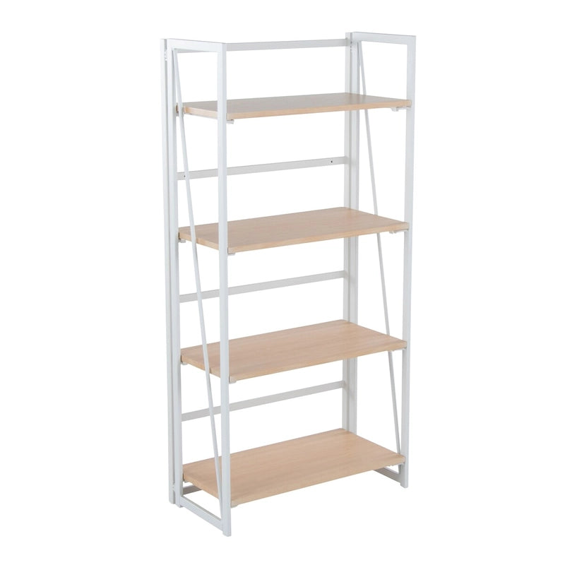 Étagère à 4 niveaux avec cadre en métal blanc et tablettes en bois naturel