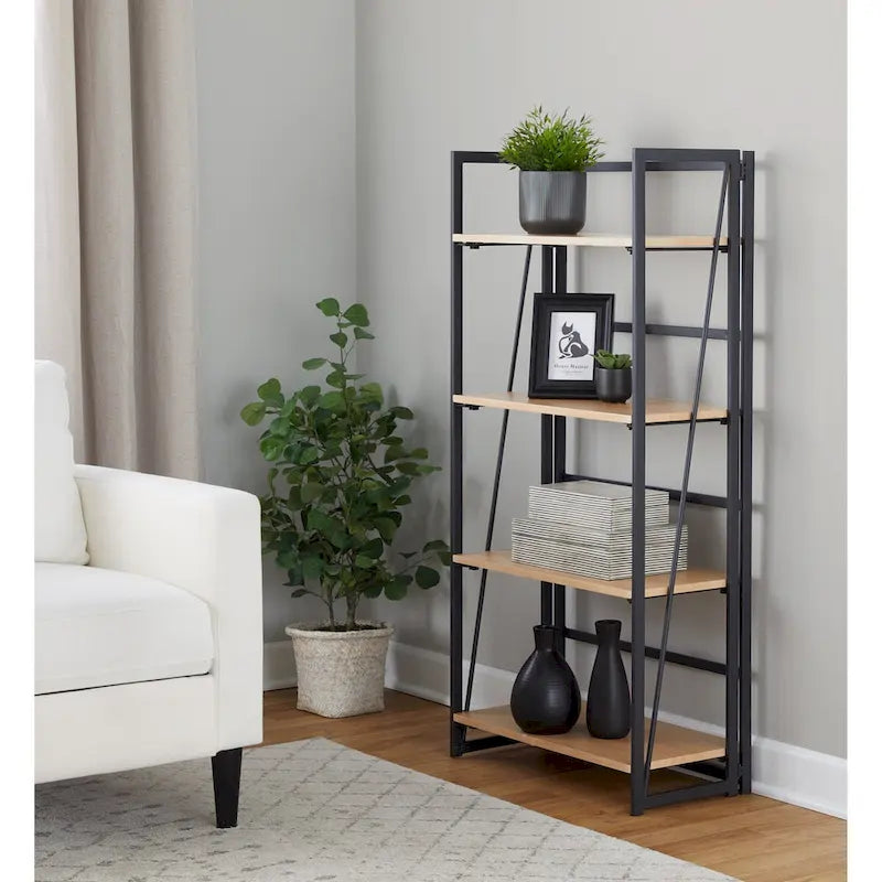 Étagère à 4 niveaux avec cadre en métal blanc et tablettes en bois naturel