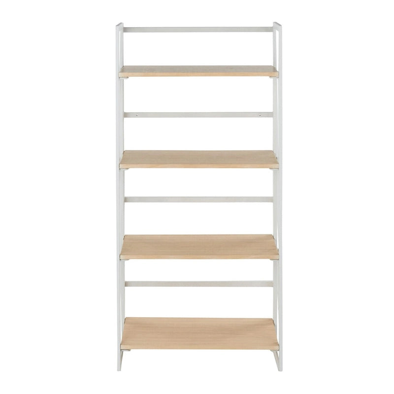 Étagère à 4 niveaux avec cadre en métal blanc et tablettes en bois naturel