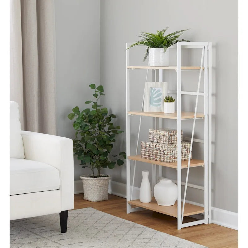 Étagère à 4 niveaux avec cadre en métal blanc et tablettes en bois naturel