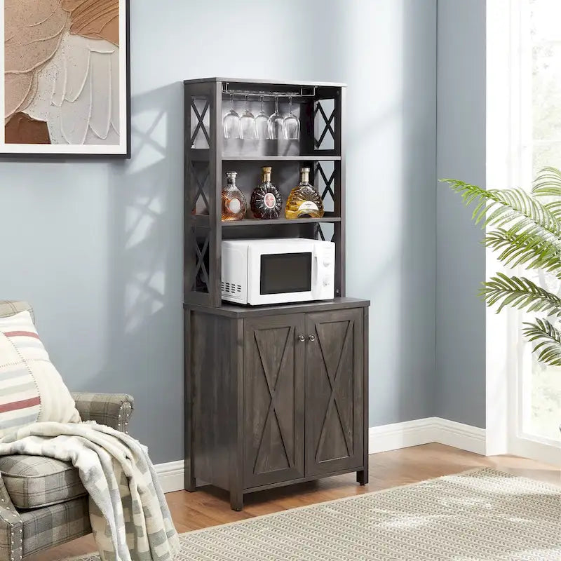 Meuble de bar de style campagnard avec design en X et support à verres gris
