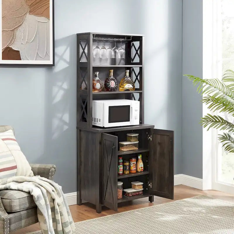Meuble de bar de style campagnard avec design en X et support à verres gris