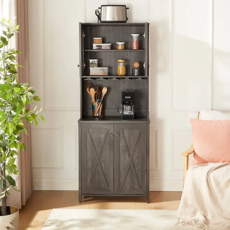 Meuble de bar de style campagnard avec design en X et support à verres gris