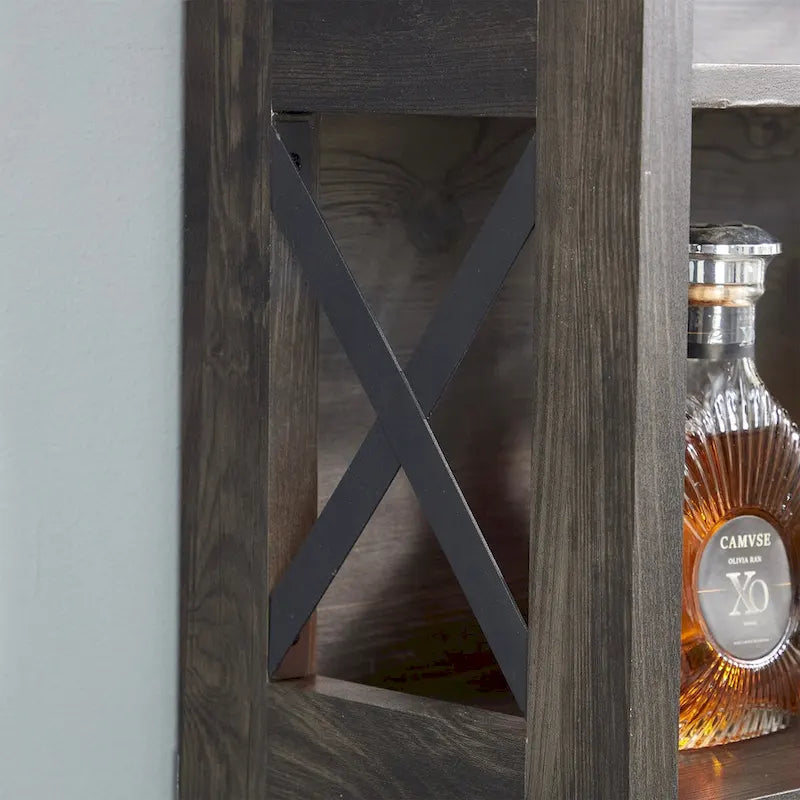 Meuble de bar de style campagnard avec design en X et support à verres gris