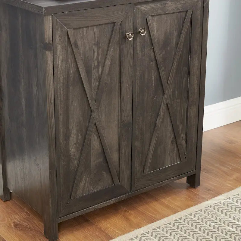 Meuble de bar de style campagnard avec design en X et support à verres gris