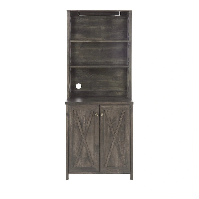 Meuble de bar de style campagnard avec design en X et support à verres gris