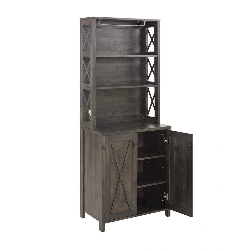 Meuble de bar de style campagnard avec design en X et support à verres gris
