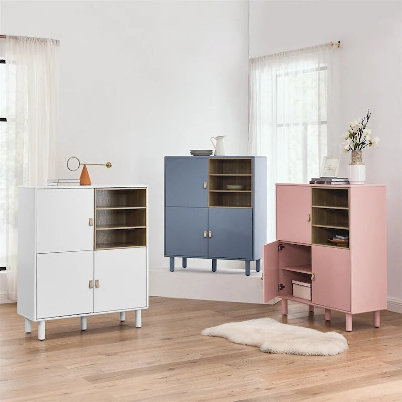 Meuble de rangement indépendant avec étagères ouvertes et pieds en bois massif blanc