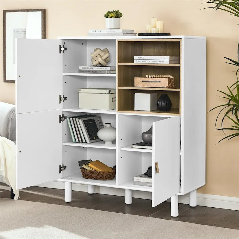 Meuble de rangement indépendant avec étagères ouvertes et pieds en bois massif blanc