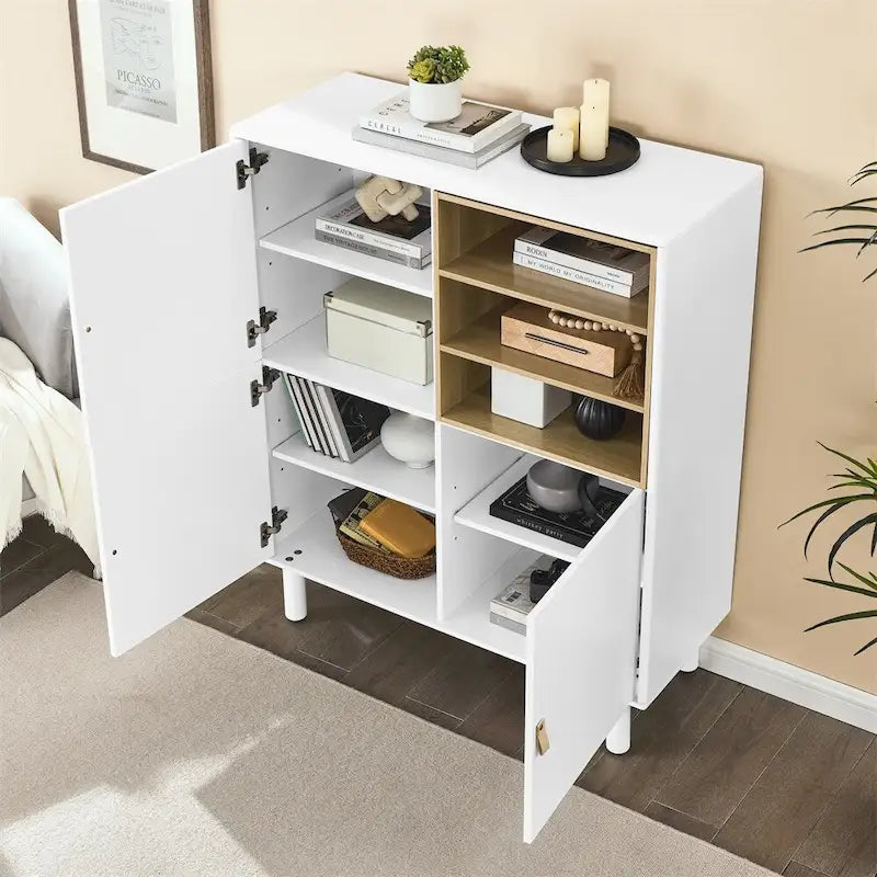 Meuble de rangement indépendant avec étagères ouvertes et pieds en bois massif blanc