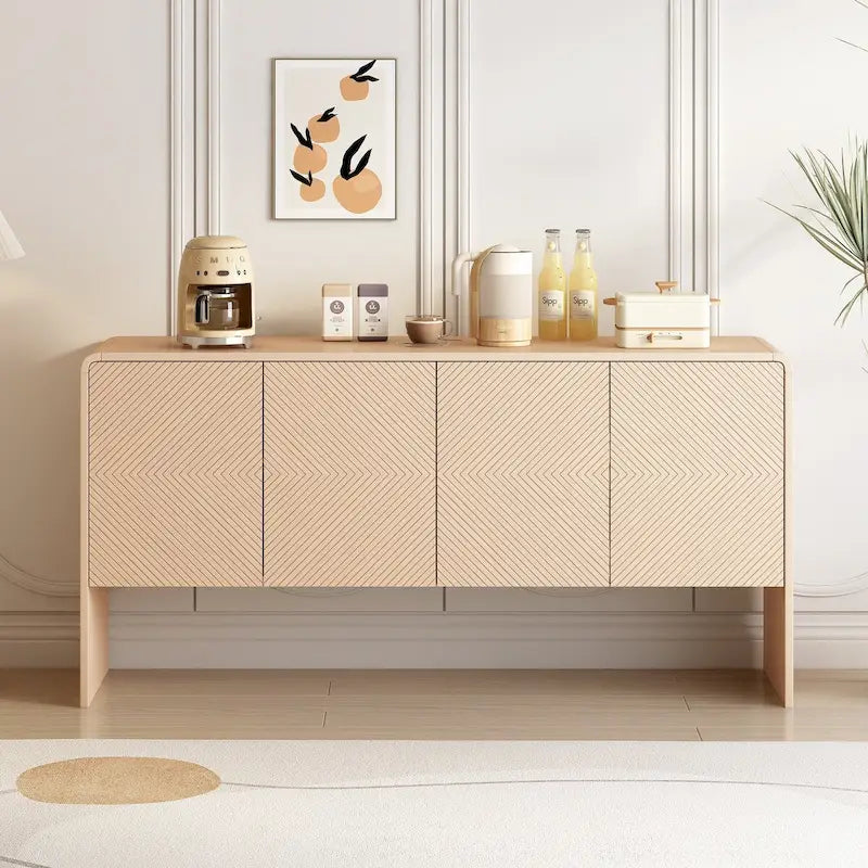 Buffet minimaliste blanc à 4 portes avec étagères réglables et dispositif anti-rebond