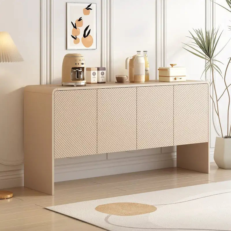 Buffet minimaliste blanc à 4 portes avec étagères réglables et dispositif anti-rebond