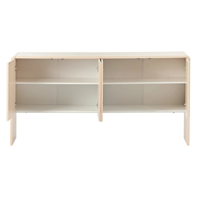 Buffet minimaliste blanc à 4 portes avec étagères réglables et dispositif anti-rebond